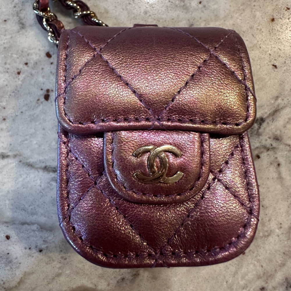 CHANEL 2020 AirPod Case Metallic Purple Quilted w Chain Includes Entrupy COA